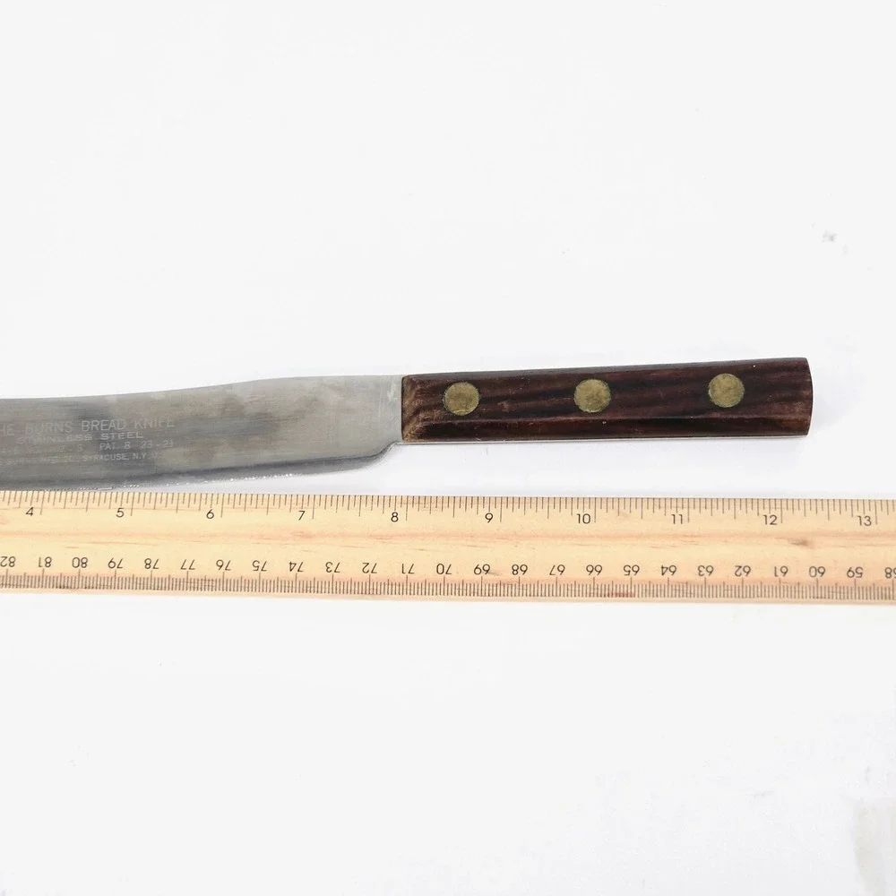 The Burns Bread Knife Shape 102-S Stainless Steel Pat 1921 Wood Handle Vintage